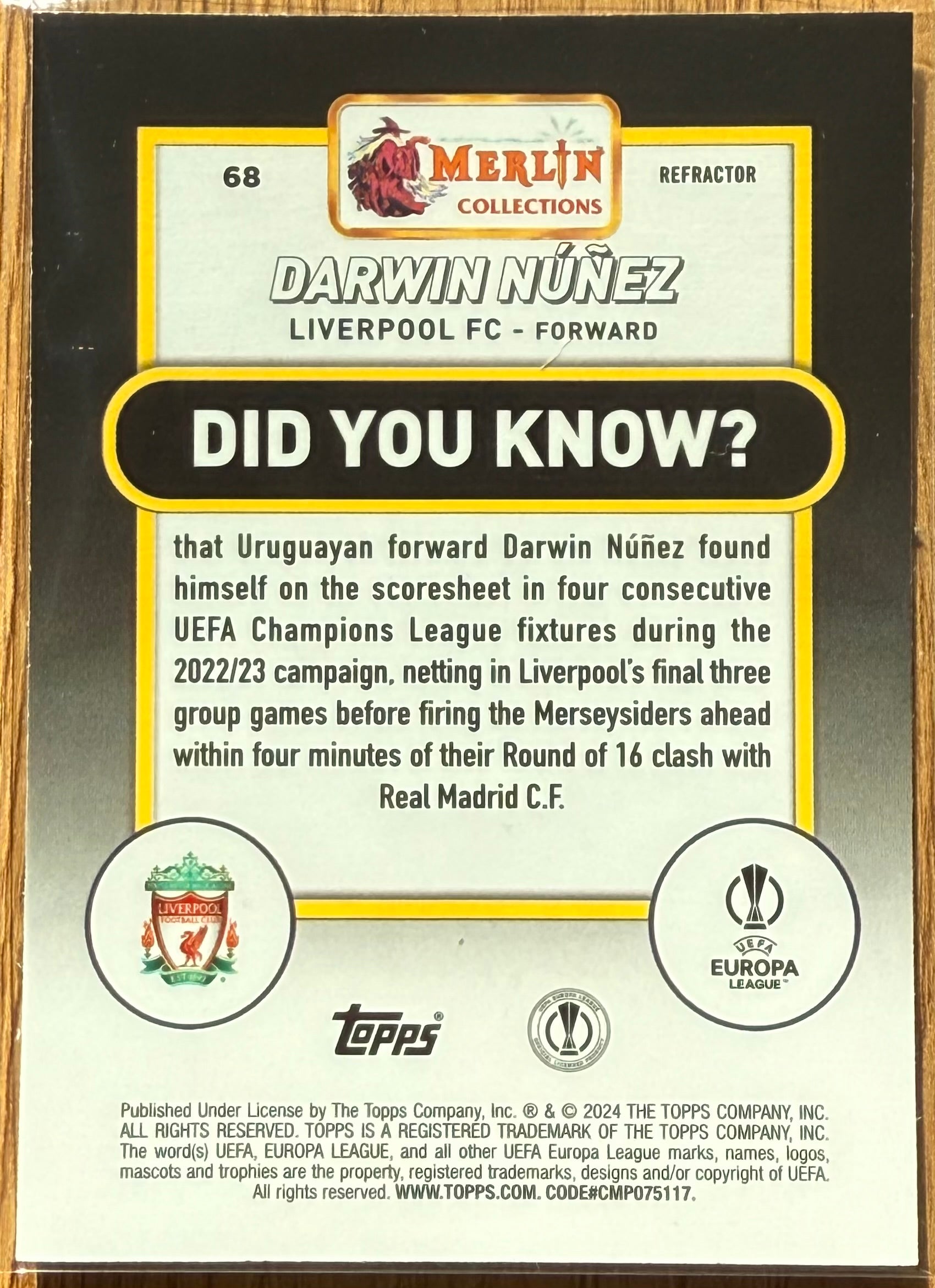 Darwin Núñez – Liverpool FC – Topps Merlin 2024 – Refractor – Europa League Edition