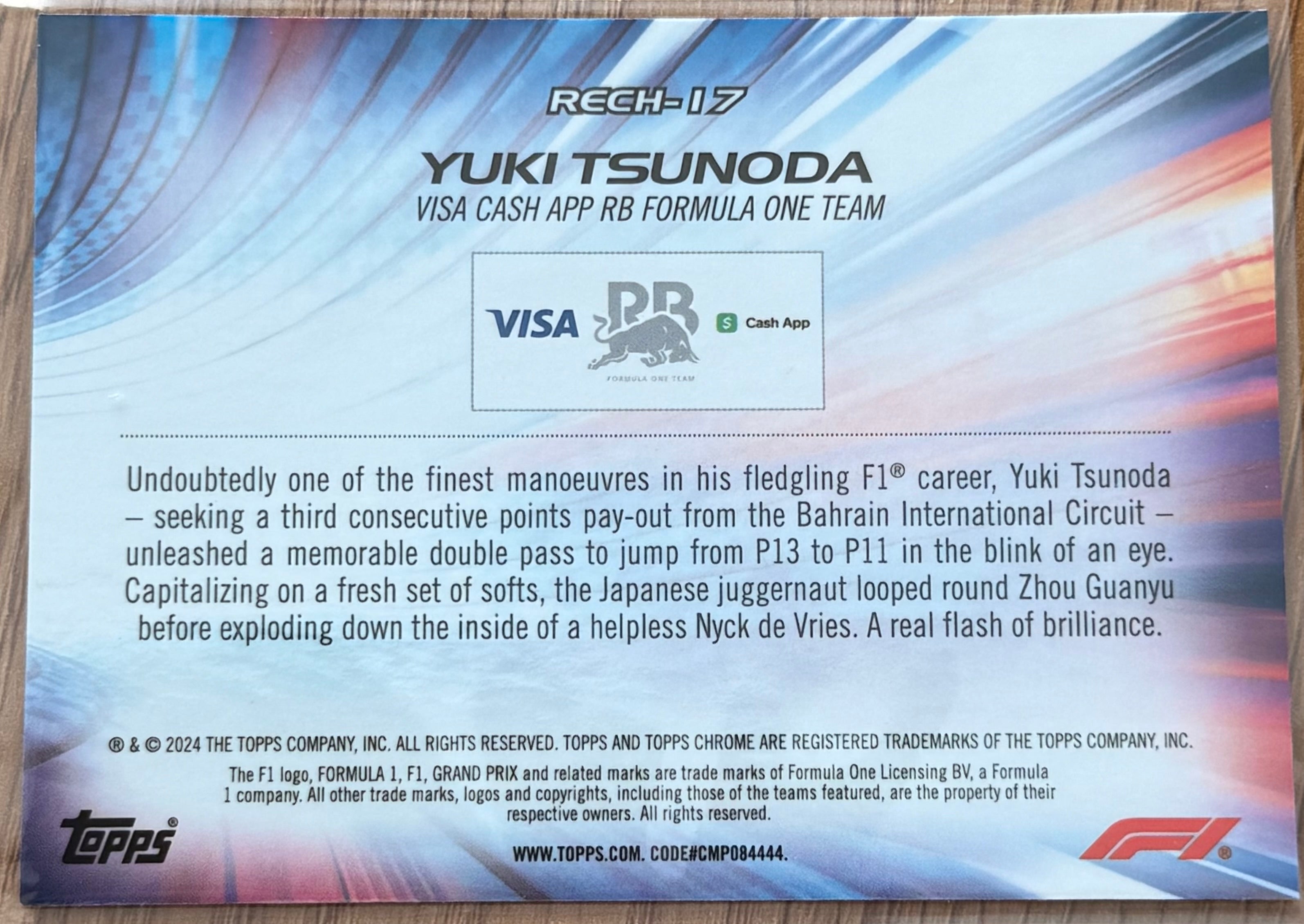 Topps Chrome F1 2024 – RECH-17 Yuki Tsunoda – Re-Charged – Visa Cash App RB